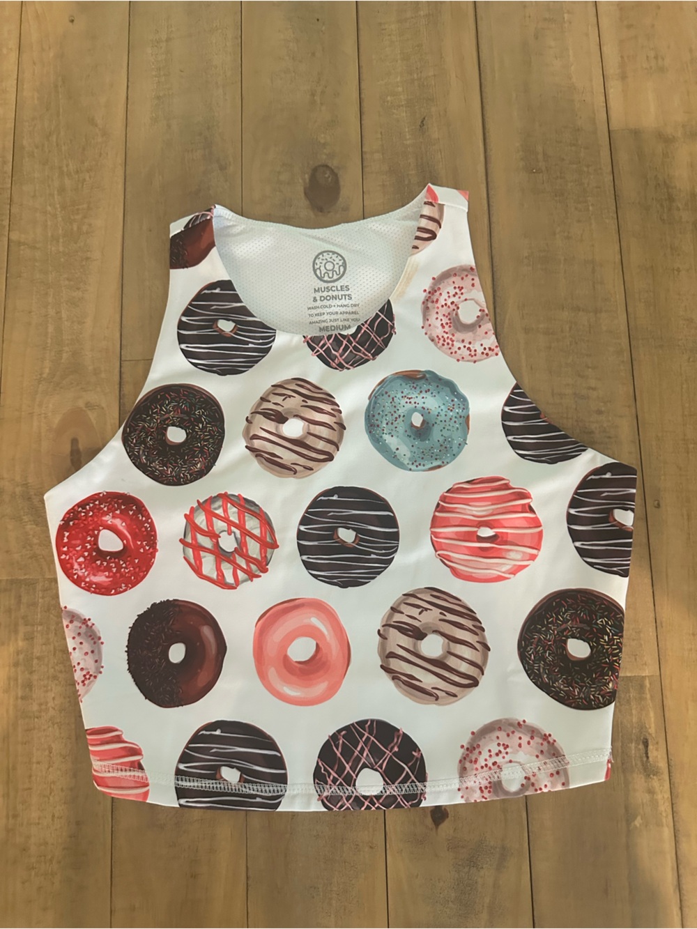 Muscles&DonutsPrint Sleeveless Crop Top - White with Multi Colored Donuts